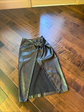 Enza Costa Black Asymmetrical Faux-Leather Wrap Midi Skirt with Knot